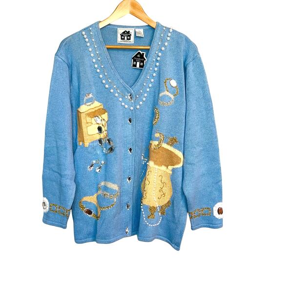 NWT Storybook Knits Cardigan Sweater Jewelry Beads Pearls Metallic 3-D Bling L - Picture 1 of 6